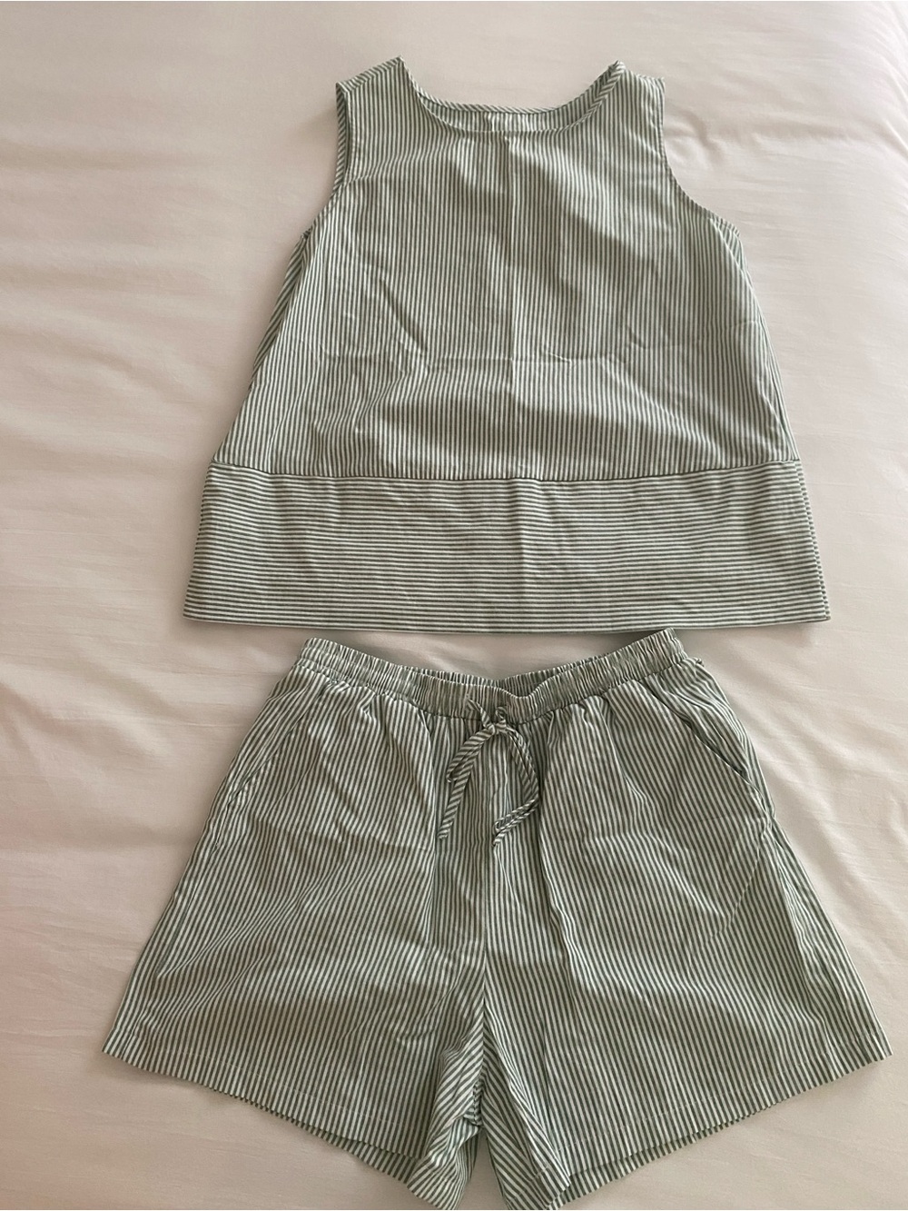 Green and White Striped Tank Top & Shorts Set size Medium